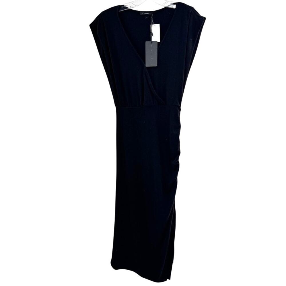 Gibsonlook Midi Dress Sz S Black Ruched Cinched Sleeveless Surplice